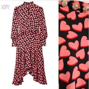 Rebecca Vallance Hotel Beau Frill Midi Dress Heart Print Long Sleeve Pink Size 4